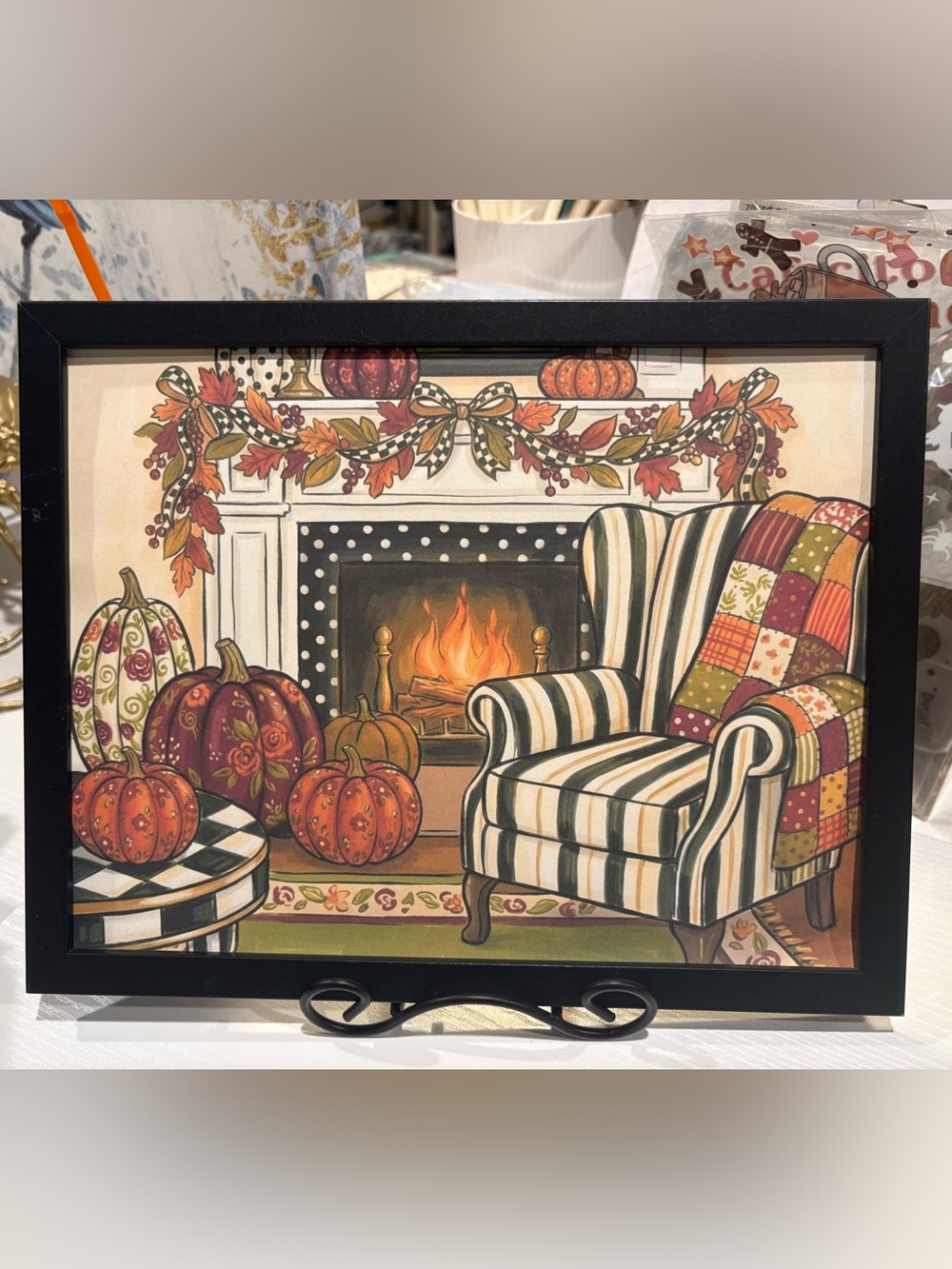 Autumn Mantel Framed 8x10 Art - Black, Cream, Orange, Brown